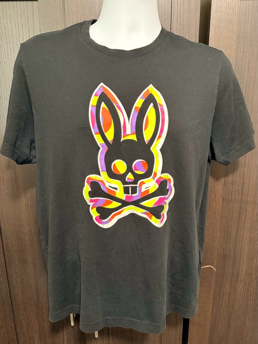 Psycho Bunny Mens Small Black Tee with Multicolor Neon Bunny Skull Graphic